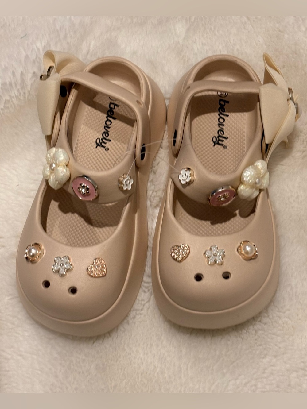 Belovely, Mary Jane Themed Cream Croc Shoes, NWOT